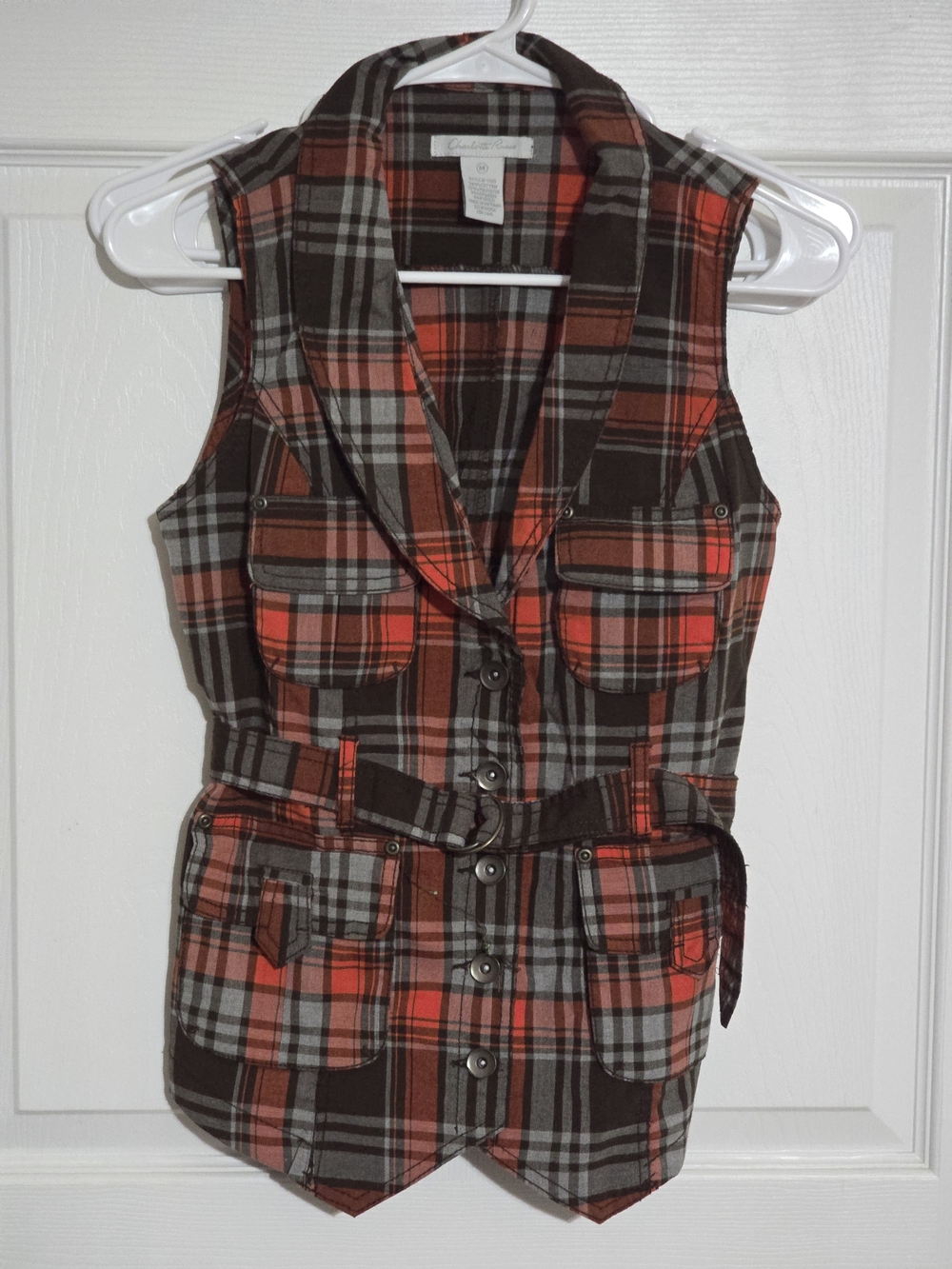 Charlotte Russe Red, Brown & Gray Plaid Button-Front Vest